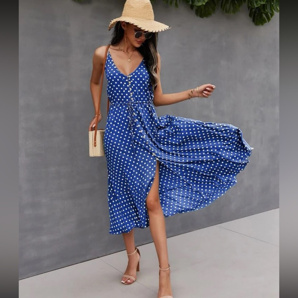 Boho polka dots print button detail drawstring waist cami dress - Picture 10 of 16